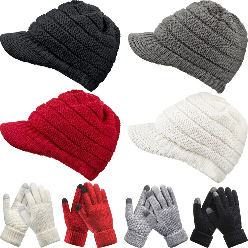 4995 4 Sets Winter Hats Gloves Knit Beanie Touchscreen Glove Warm Brim Hat
